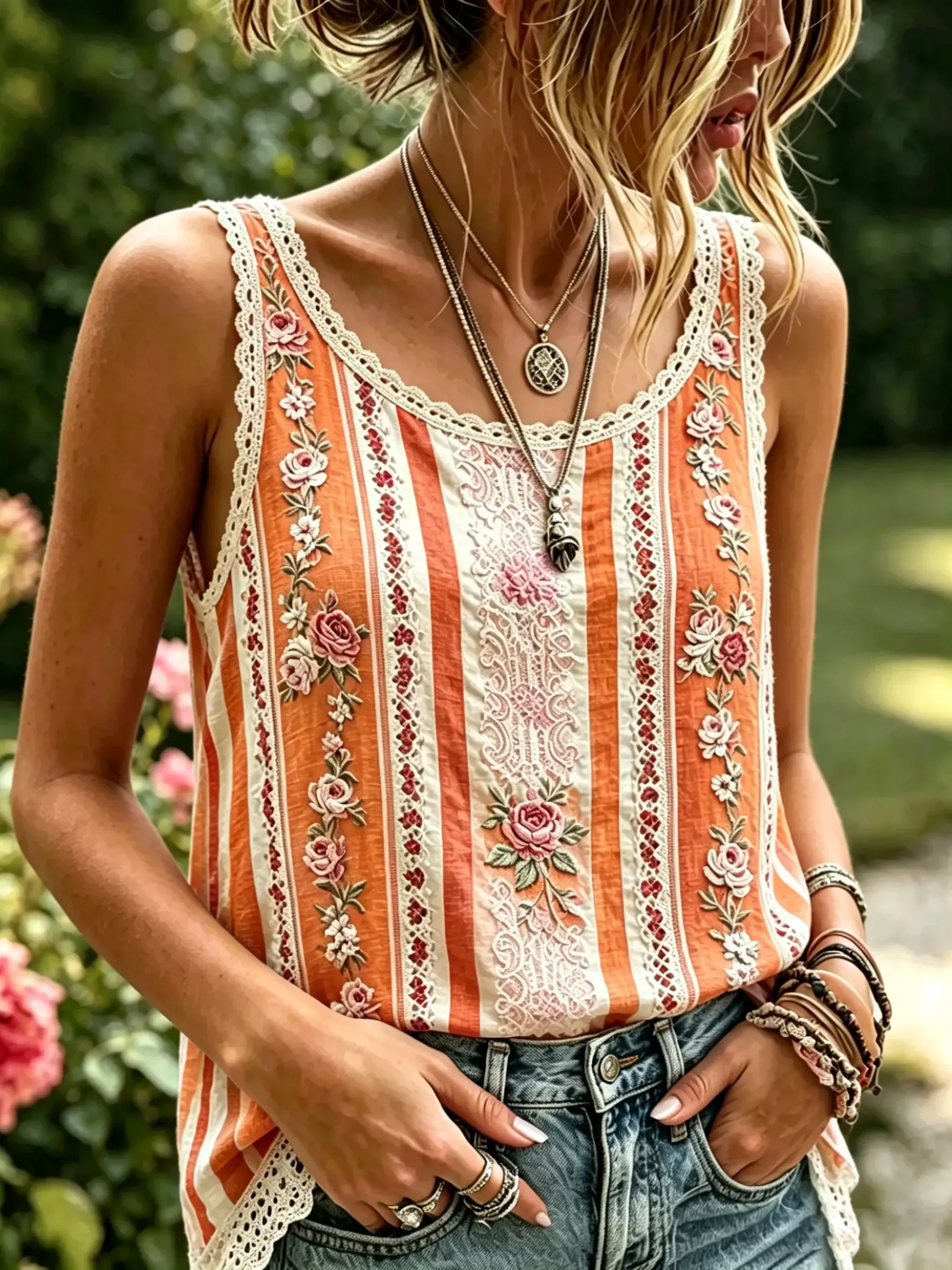 Women's Stripe Floral Print Cotton Lace Trim Sleeveless Tank Top