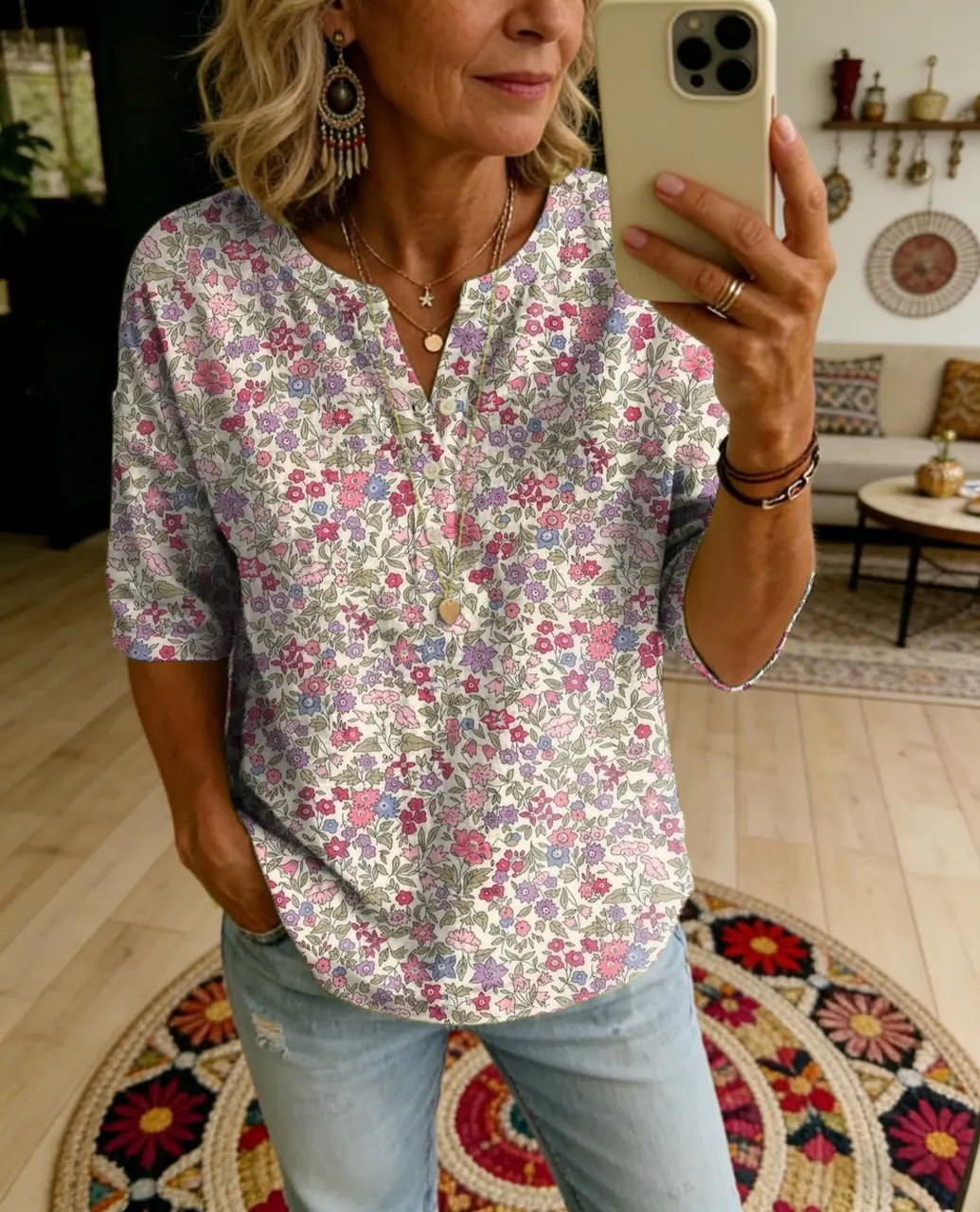 Women's Vintage Floral Art Print Casual Polo Shirt