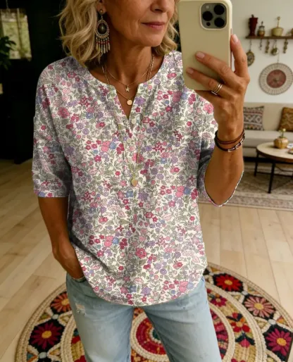 Women's Vintage Floral Art Print Casual Polo Shirt