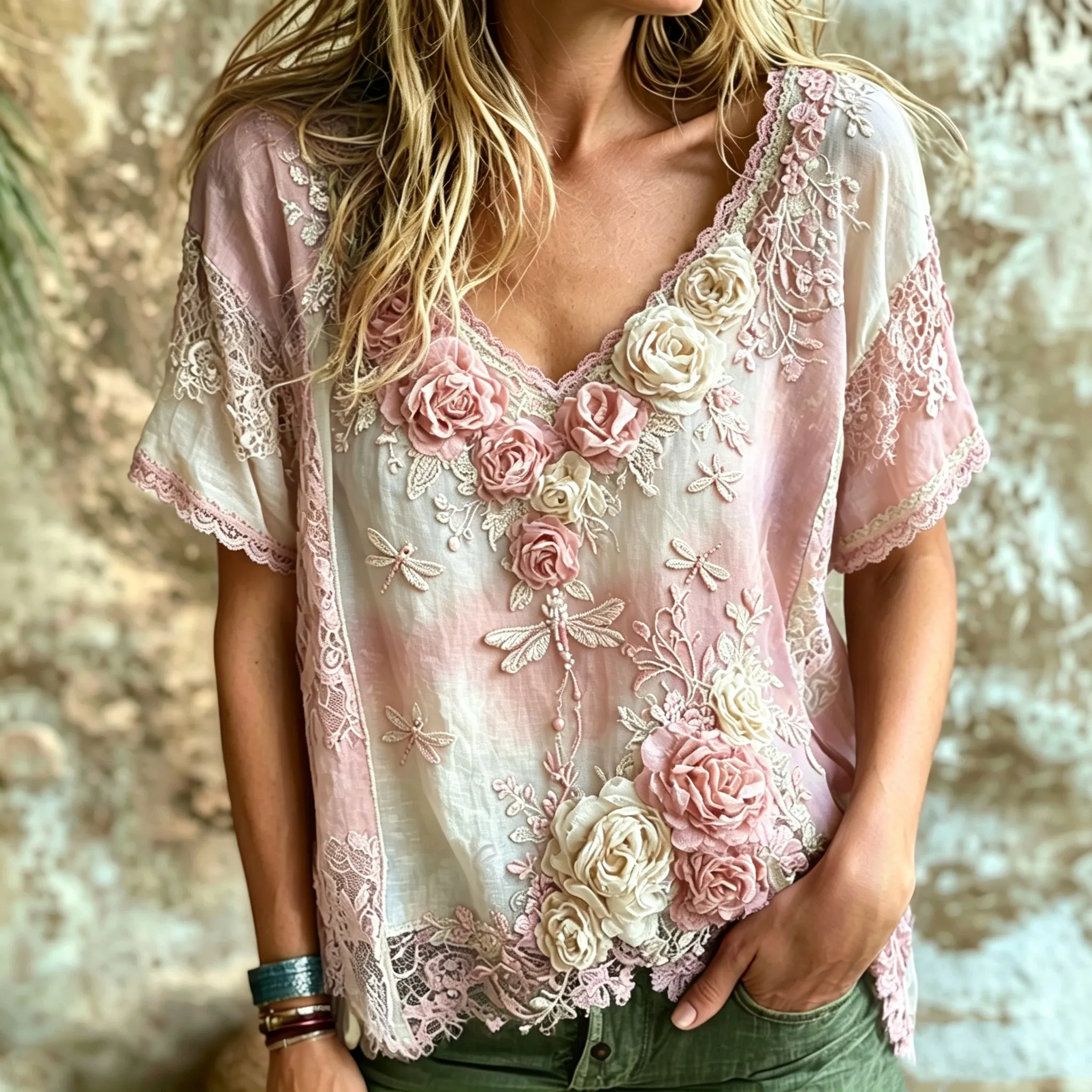 Women's Vintage Bohemian Rose And Dragonfly Embroidered Print Top