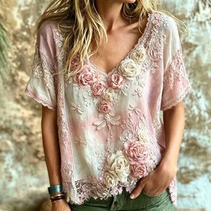 Women's Vintage Bohemian Rose And Dragonfly Embroidered Print Top