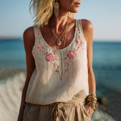 Women's Vintage Floral Embroidery Art Linen Comfy Sleeveless Top