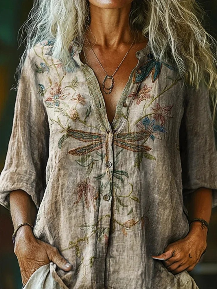 Bohemian Style Dragonfly Flower Vintage V-neck Short-sleeved Shirt