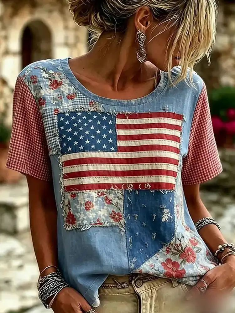 Women's Independence Day Floral Print Art T-Shirt with Round Neck and Short Sleeves