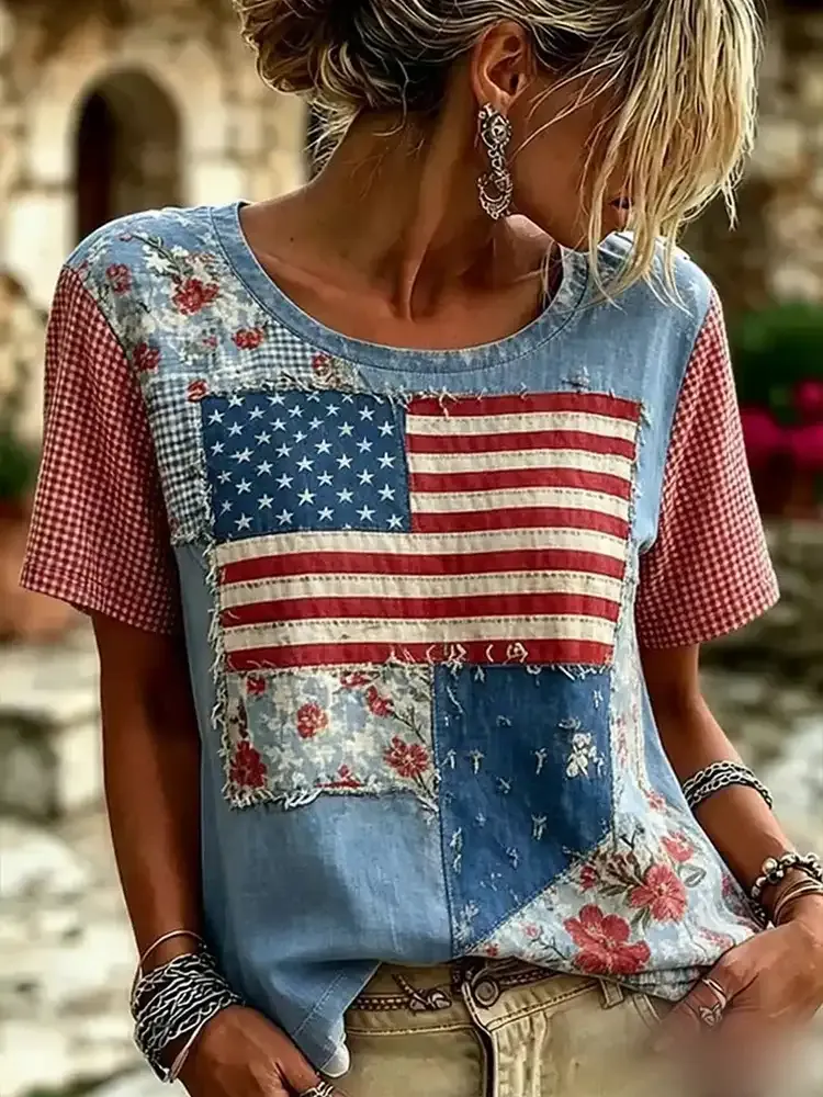 Women's Independence Day Floral Print Art T-Shirt with Round Neck and Short Sleeves