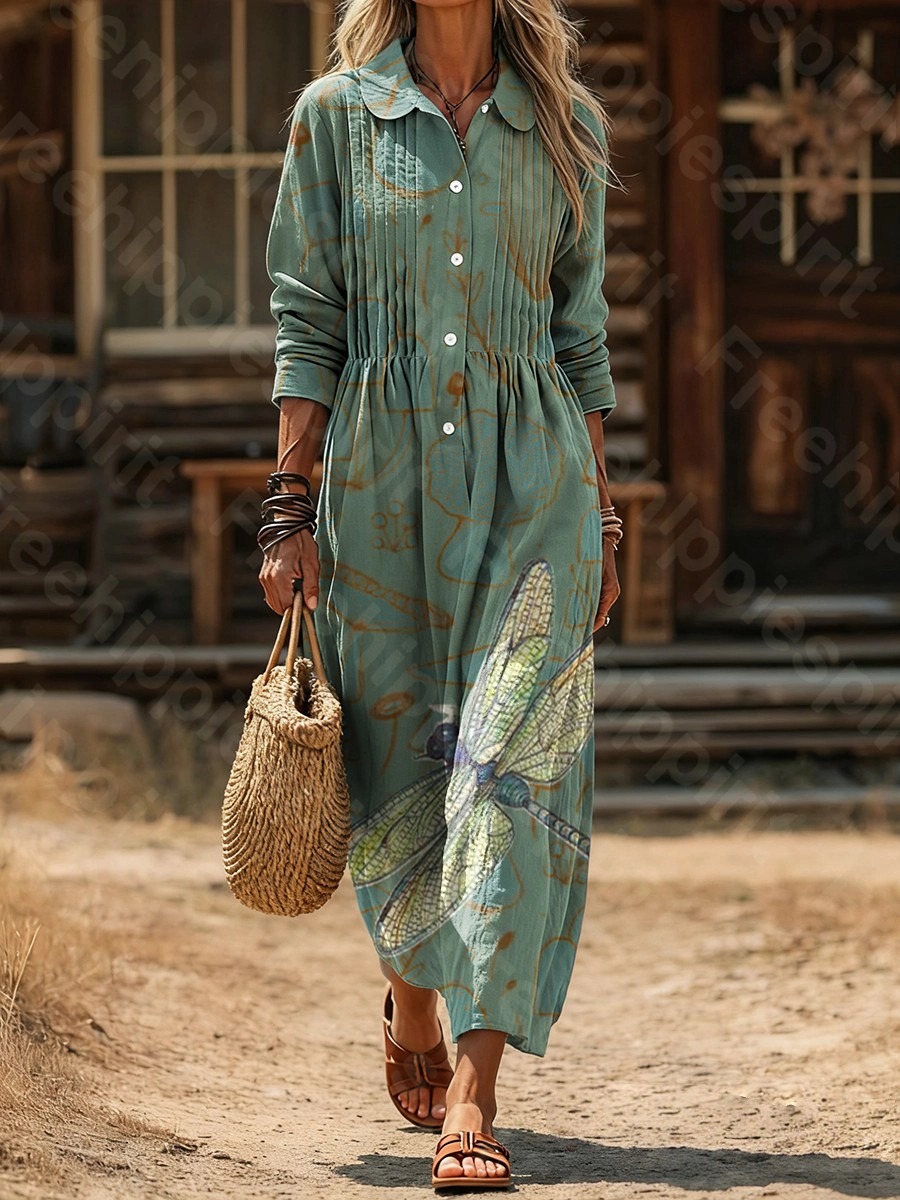 Women's Vintage Dragonfly Art Print Casual Long-Sleeve Cotton-Linen Blend Dress