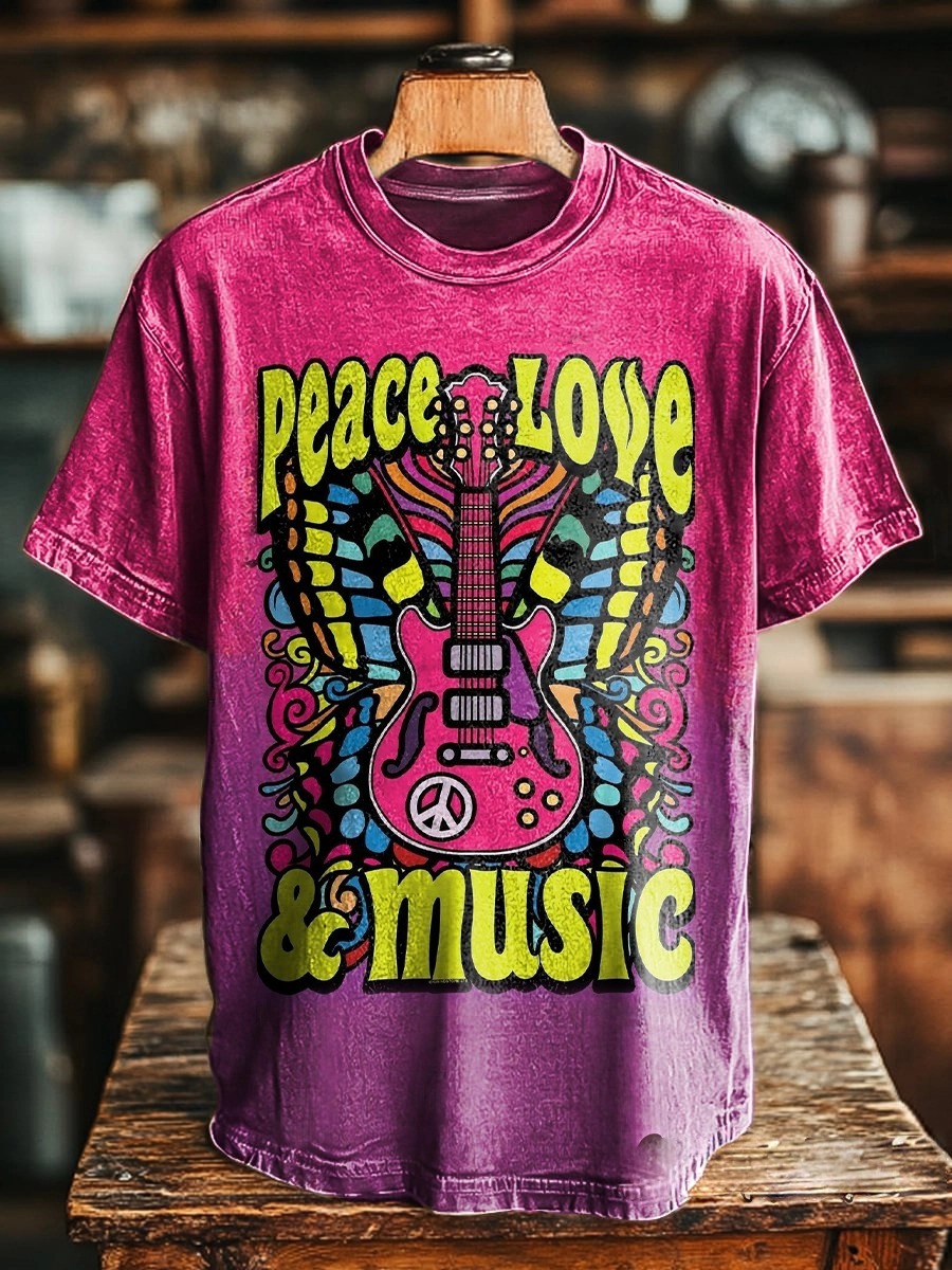 Unisex Peace Love Music Art Print Casual Loose Short Sleeve T-Shirt