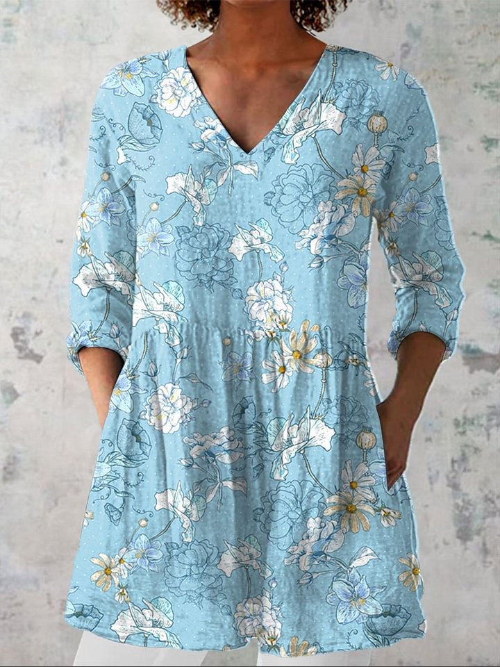 Women's Vintage Floral Art Print Casual Cotton And Linen 3/4 Sleeve Shirt