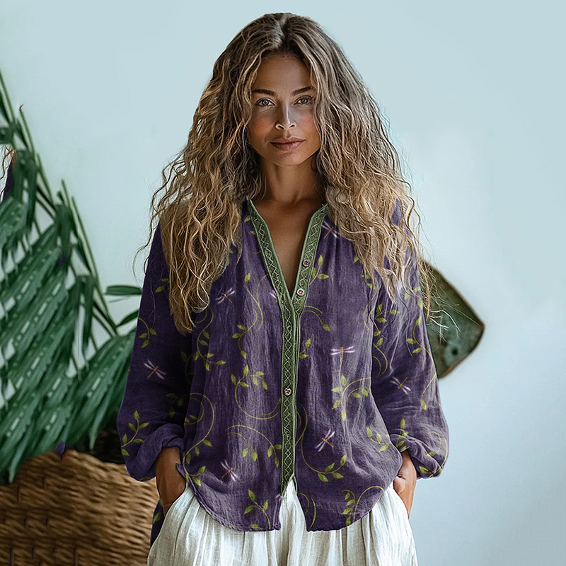 Bohemian Style Dragonfly Linen Print Long Sleeve Shirt