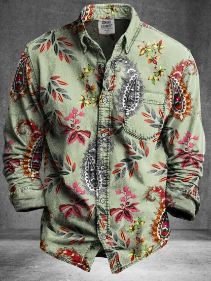 Vintage Abstract Psychedelic Ethnic Art Print 100% Cotton Long Sleeve Shirt