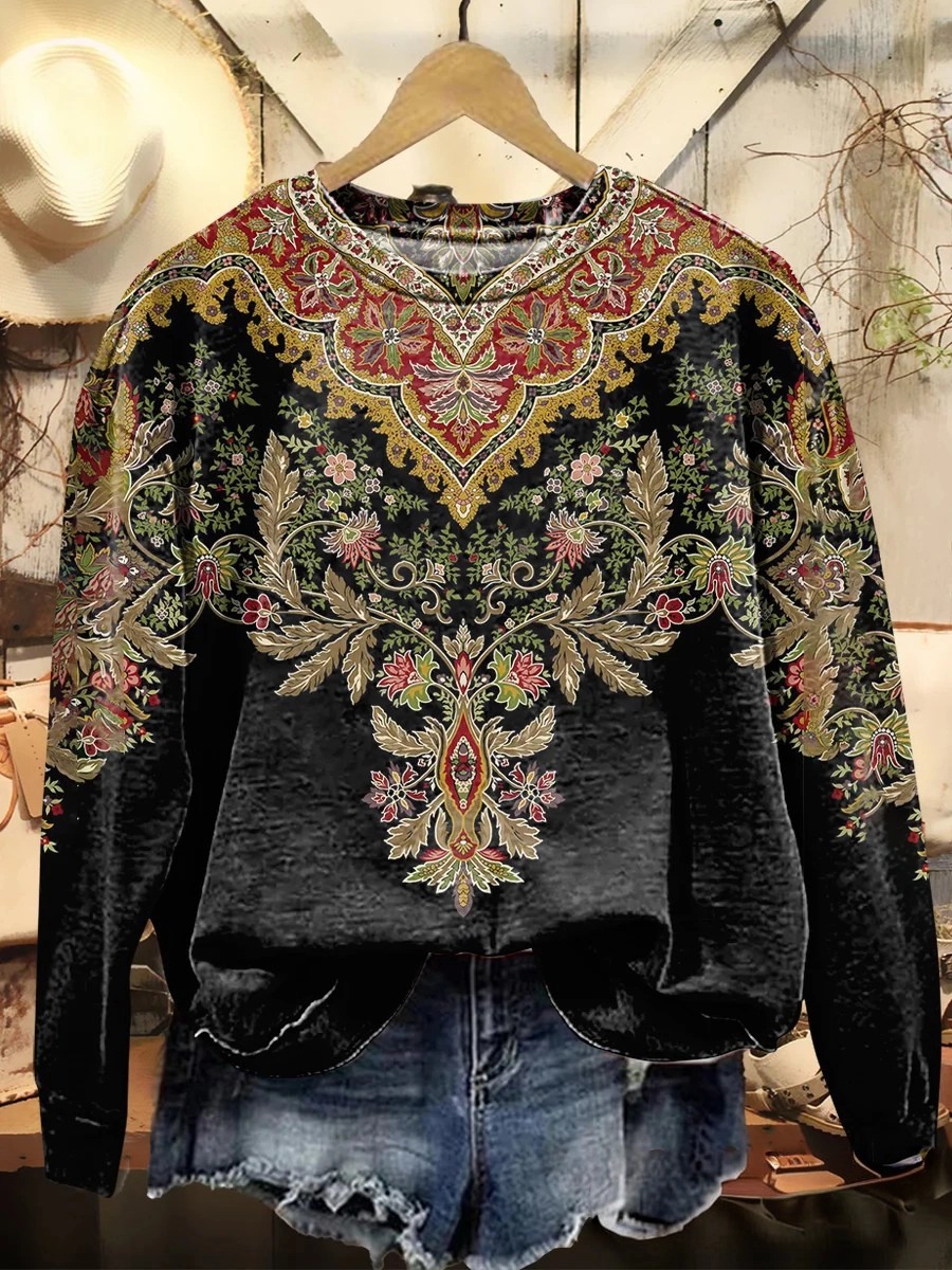 Women's Ethnic Totem Flowers Art Print Casual V Neck Pullover Sweater