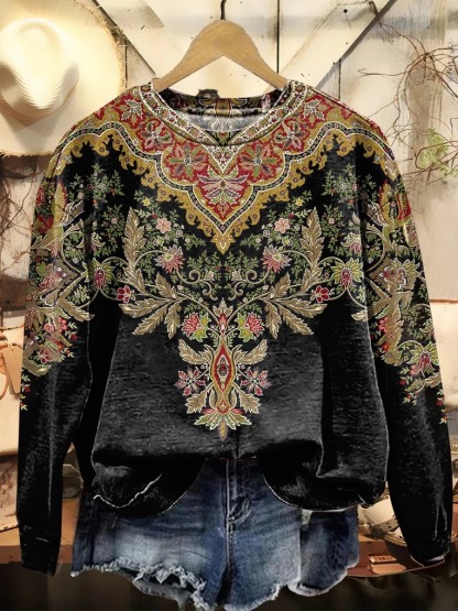 Women's Ethnic Totem Flowers Art Print Casual V Neck Pullover Sweater