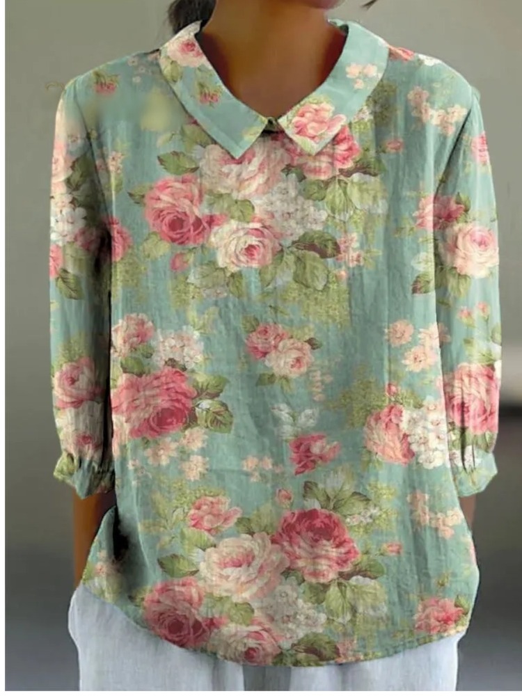 Women's Vintage Floral Art Print Casual Cotton And Linen 3/4 Sleeve Shirt