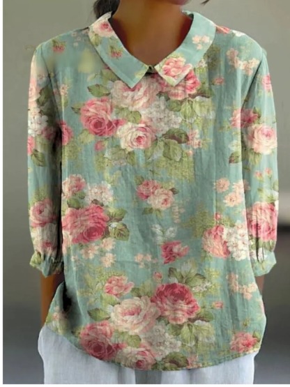 Women's Vintage Floral Art Print Casual Cotton And Linen 3/4 Sleeve Shirt