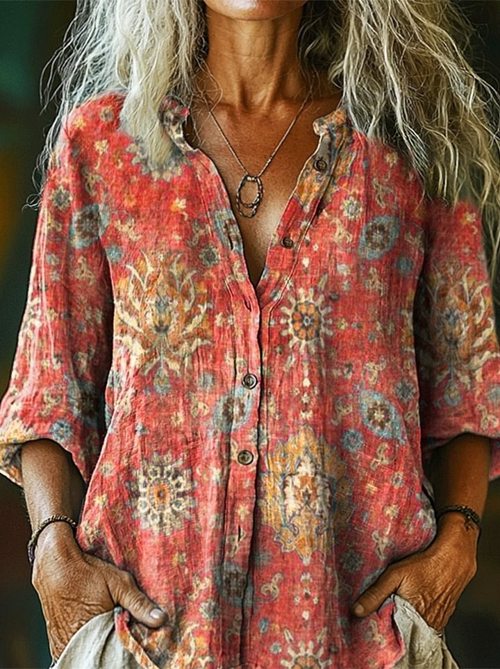 Women's Ethnic Totem Art Patterns Print Linen And Cotton V-neck Casual Shirt