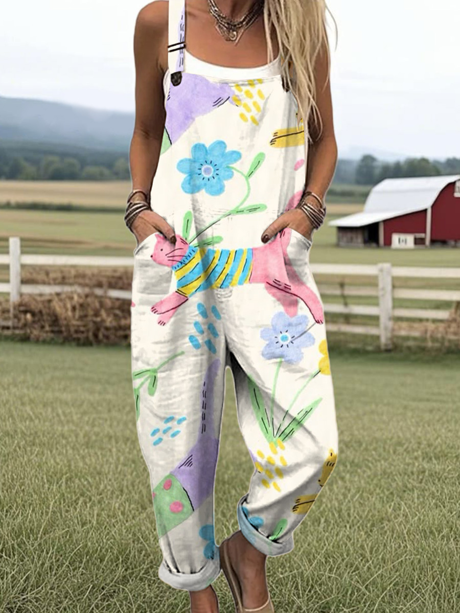Women's Colorful Cute Kitten Flowers Painting Art Print Casual 100% Cotton Wide Leg Jumpsuit