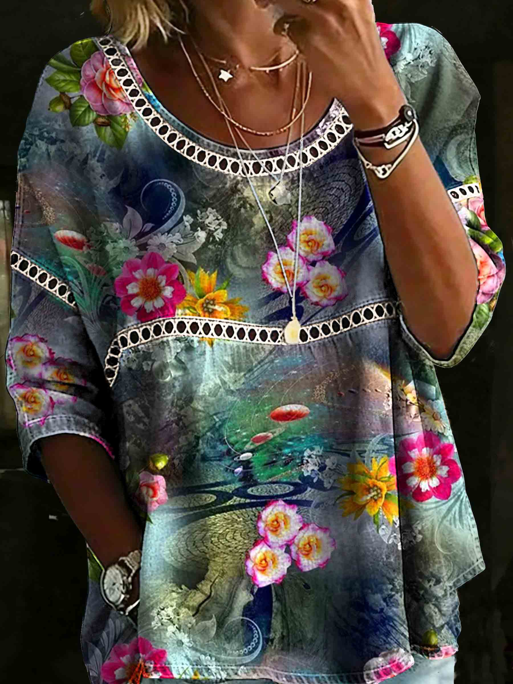 Vintage Colorful Gradient Floral Art Print Casual Hollow Shirt