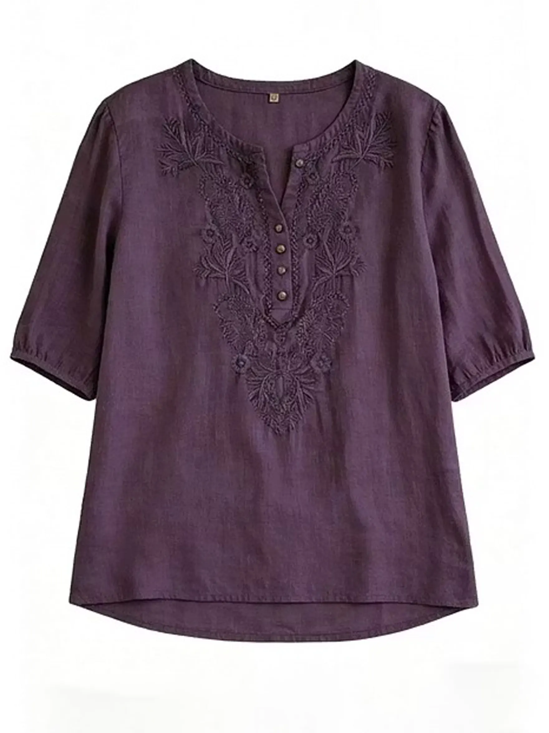 Women's Loose-fit Cotton-linen Embroidered Short-sleeve Round-neck Top