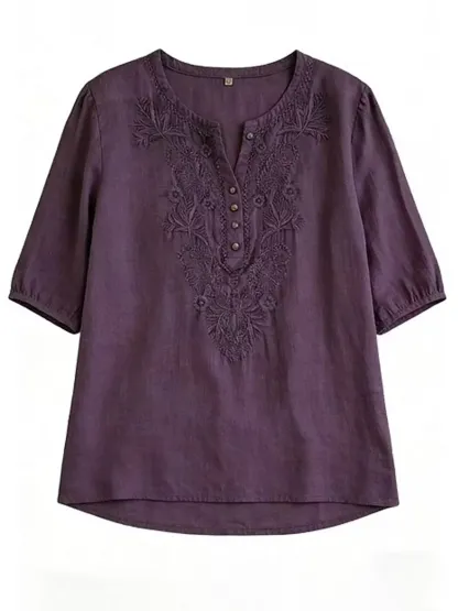 Women's Loose-fit Cotton-linen Embroidered Short-sleeve Round-neck Top