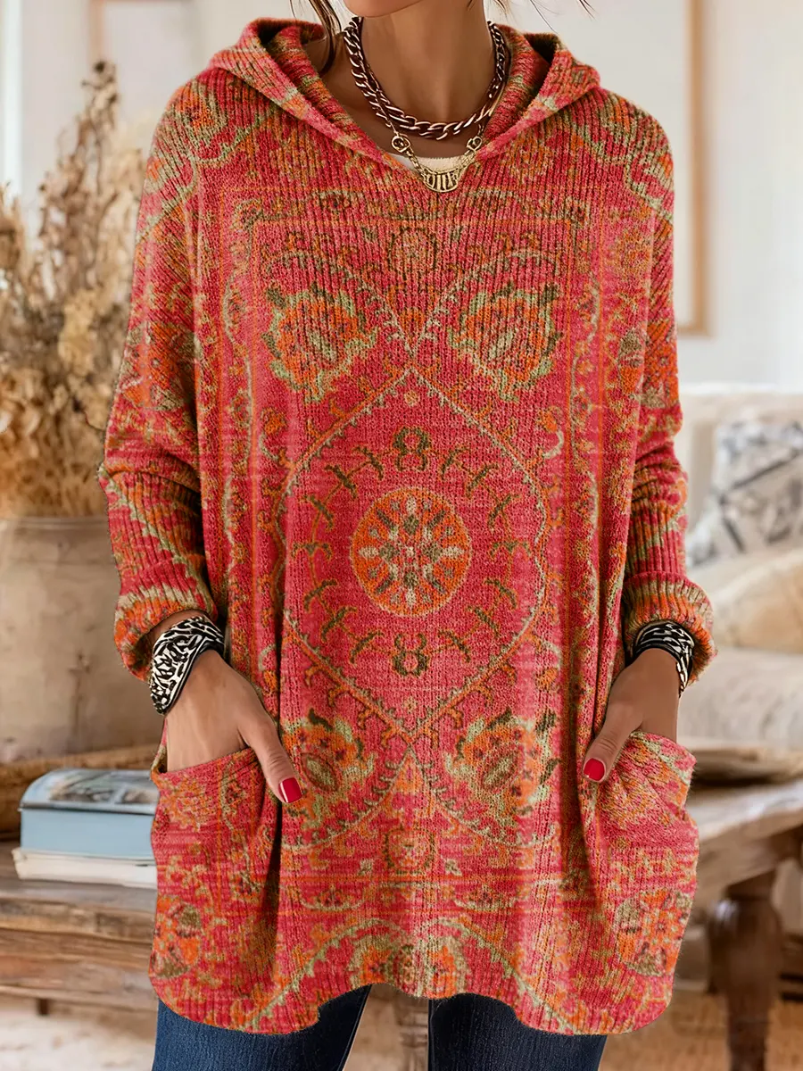 Women's Ethnic Totem Art Print Casual Knitted Pocket Hooded Tunic Top