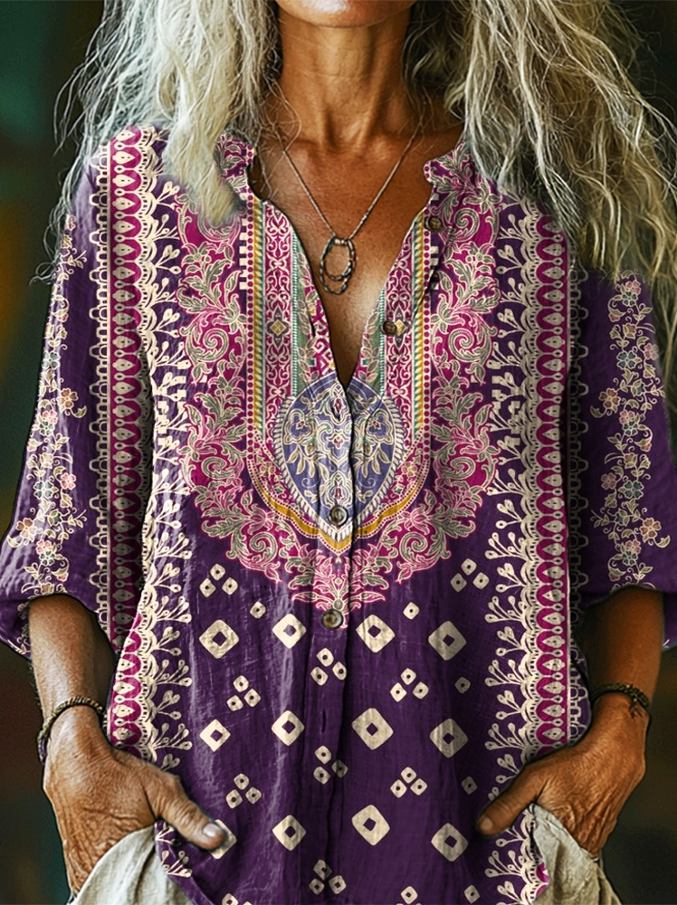 Women's Ethnic Floral Art Print Casual Cotton Linen Shirt
