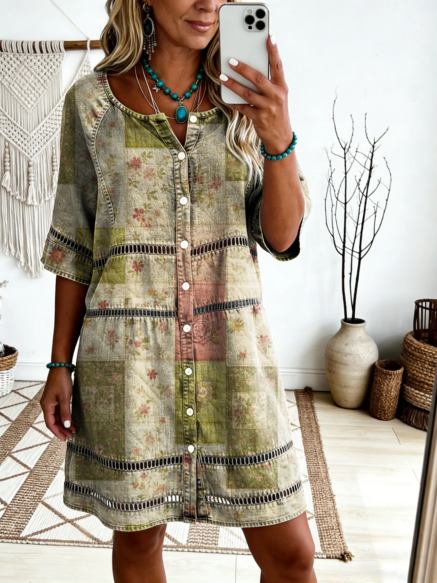 Women's Vintage Patchwork Floral Art Print Casual Cutout Dress