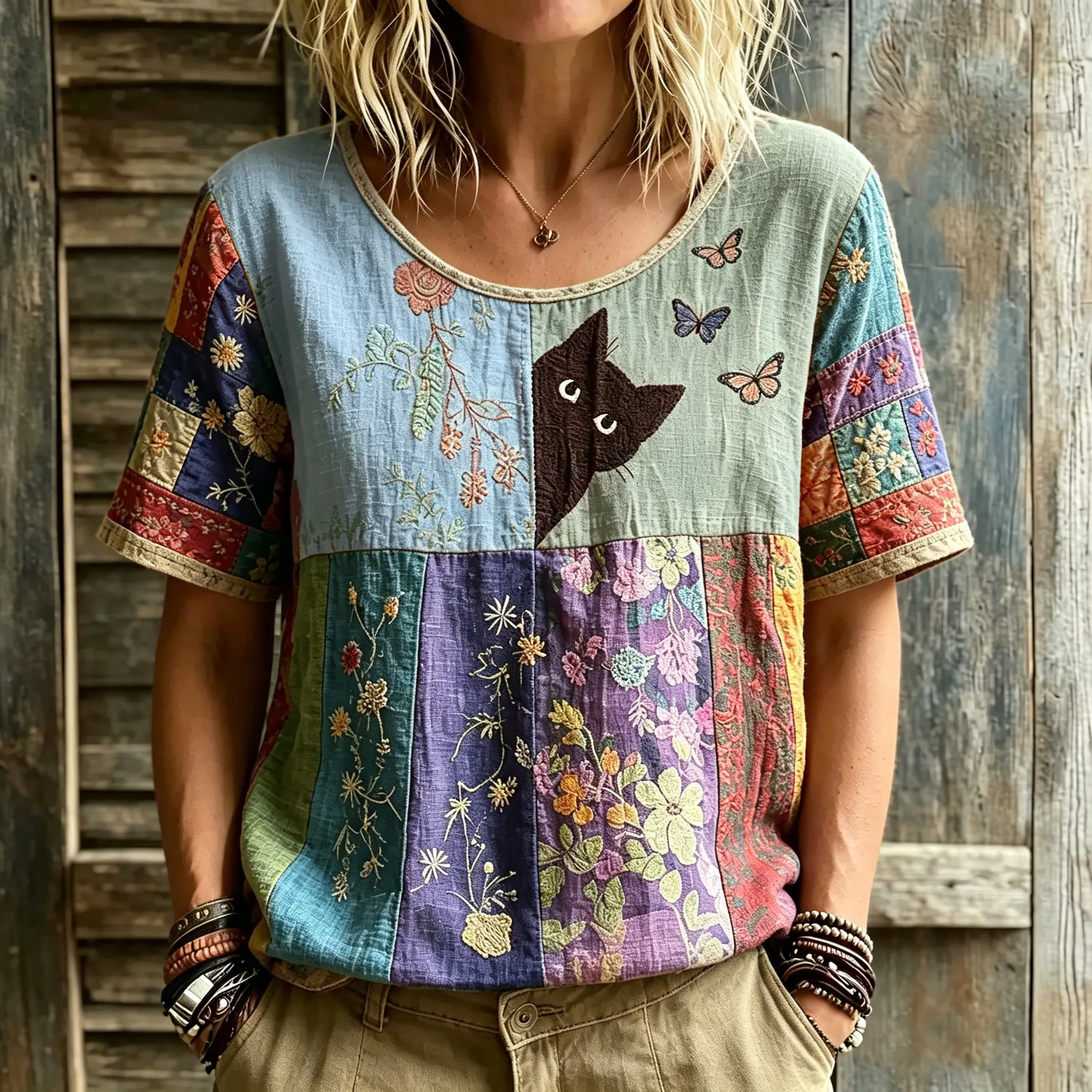Women's Hippie Black Cat Art Embroidered Linen Blend Round Neck Tshirt