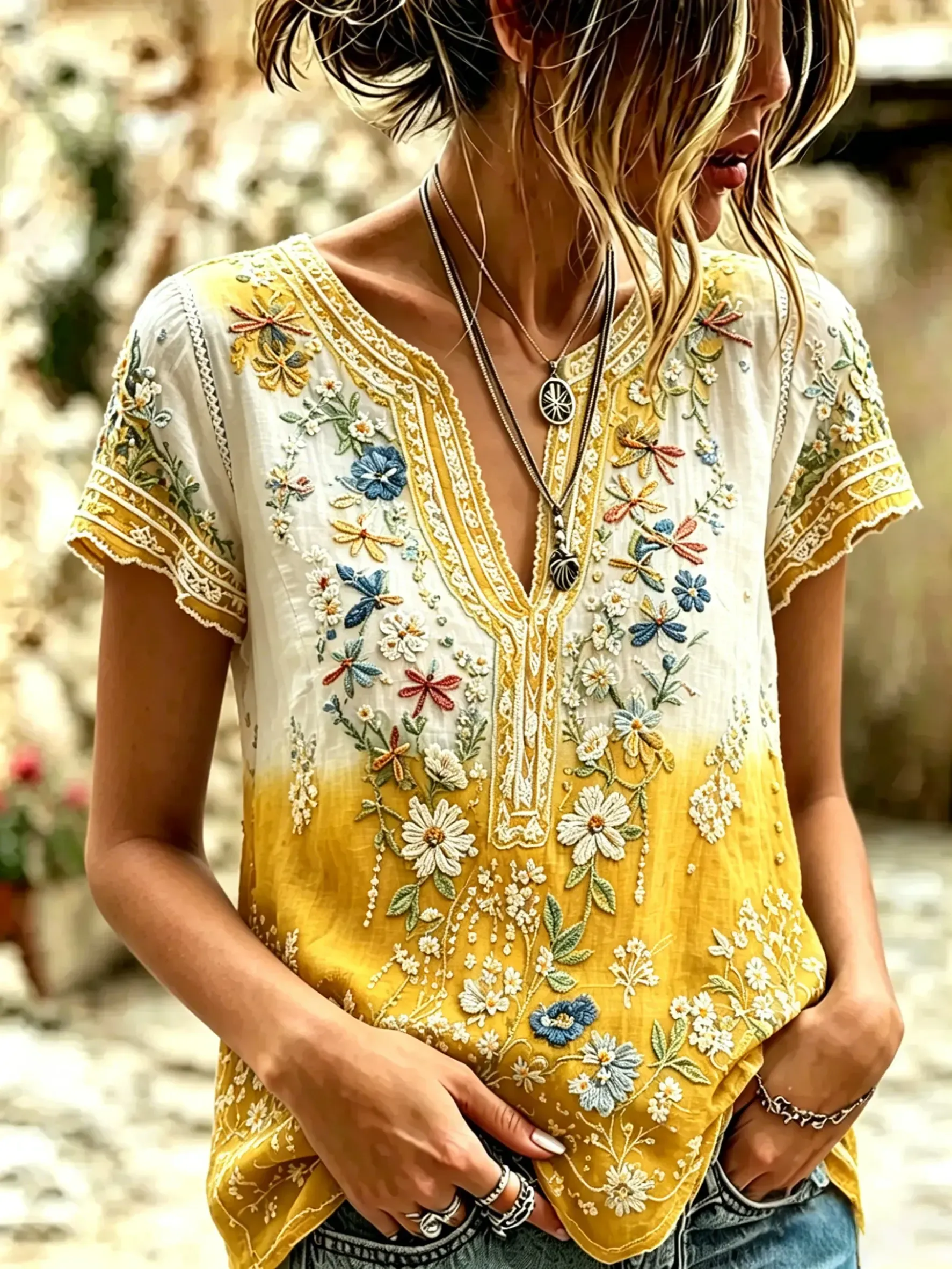 Women's Vintage Floral Textured Art Print Short-Sleeve Top