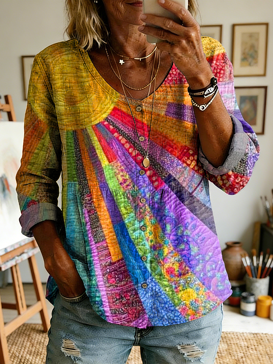 Women's Retro Colorful Sun Art Print Casual Long-sleeved Cotton Linen Shirt