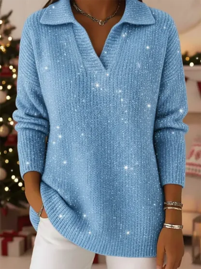 Christmas Party Polo Collar Shiny Loose Sweater Top