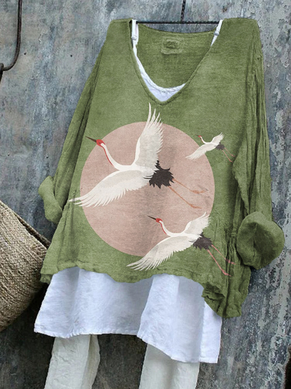 Flying Cranes Japanese Art Pattern Cozy Flowy Tunic