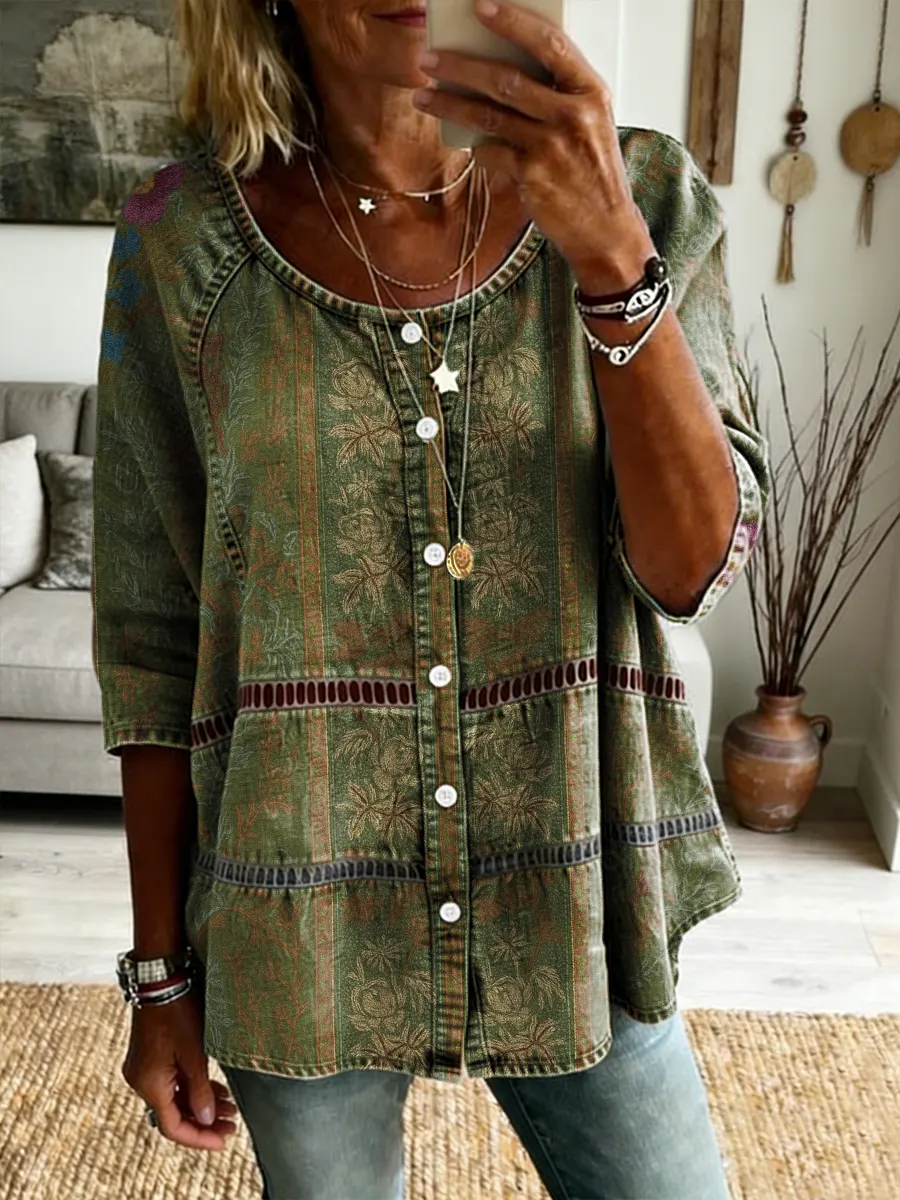 Ethnicity Patchwork Green Flowers Women's Art Print Casual Long-sleeve V-neck Washed Cotton Denim Top