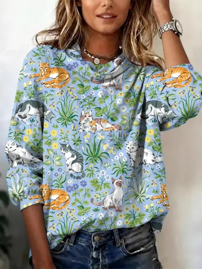 Women's Casual Multicolor Cat Flowers Print Turtleneck Cotton Long Sleeved Shirt