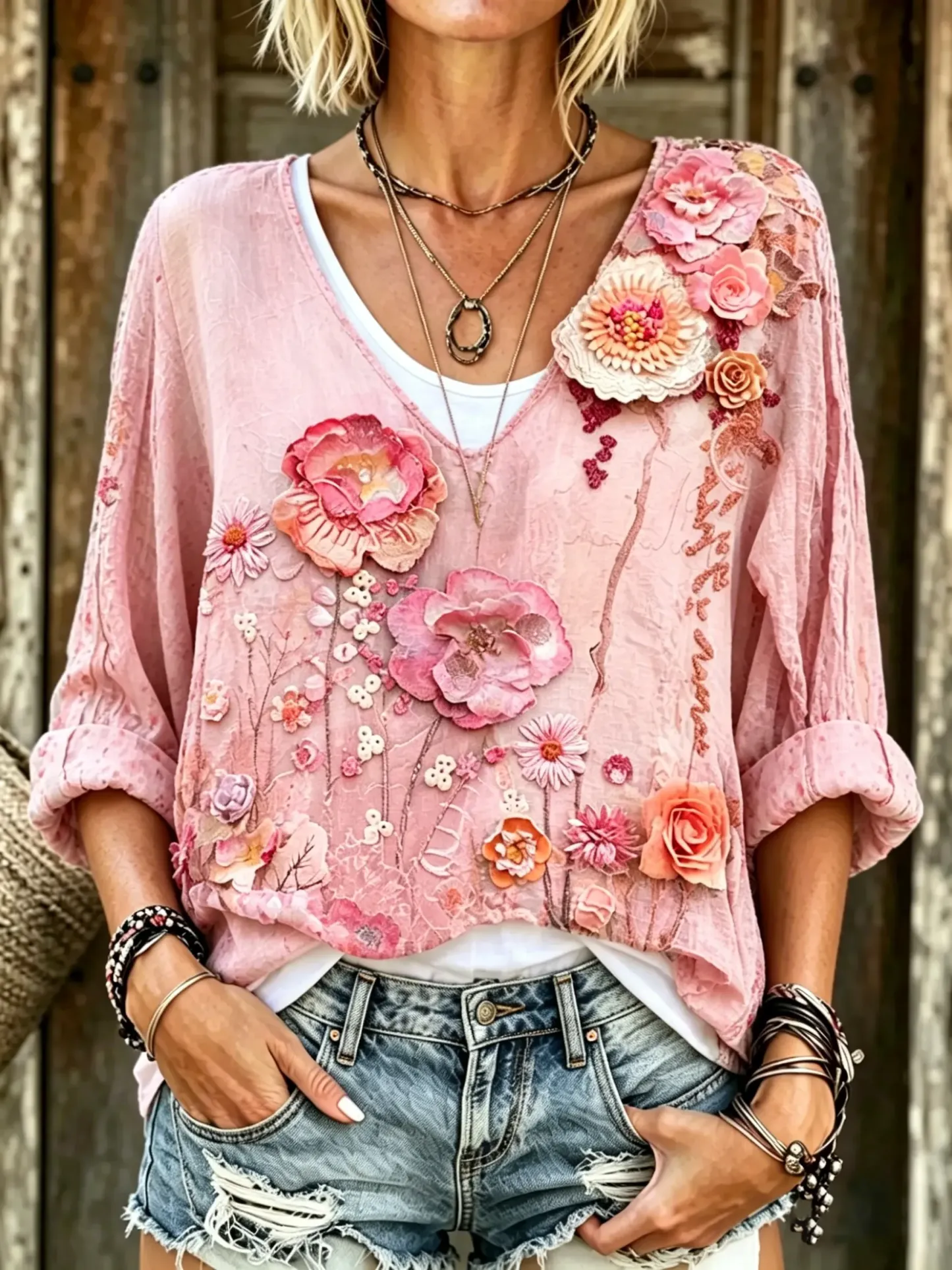 Women's  Floral Print V-Neck 3/4 Sleeve Blouse