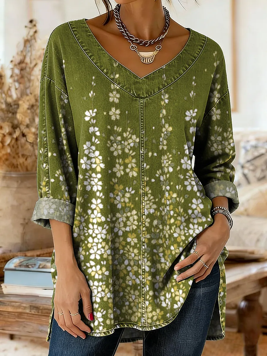 Women's Green Floral Art Print Casual V-neck Long Sleeve Washed Denim 