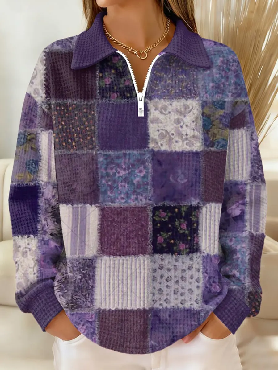 Unisex Vintage Purple Floral Patchwork Casual Long-sleeve Zipper Hoodie