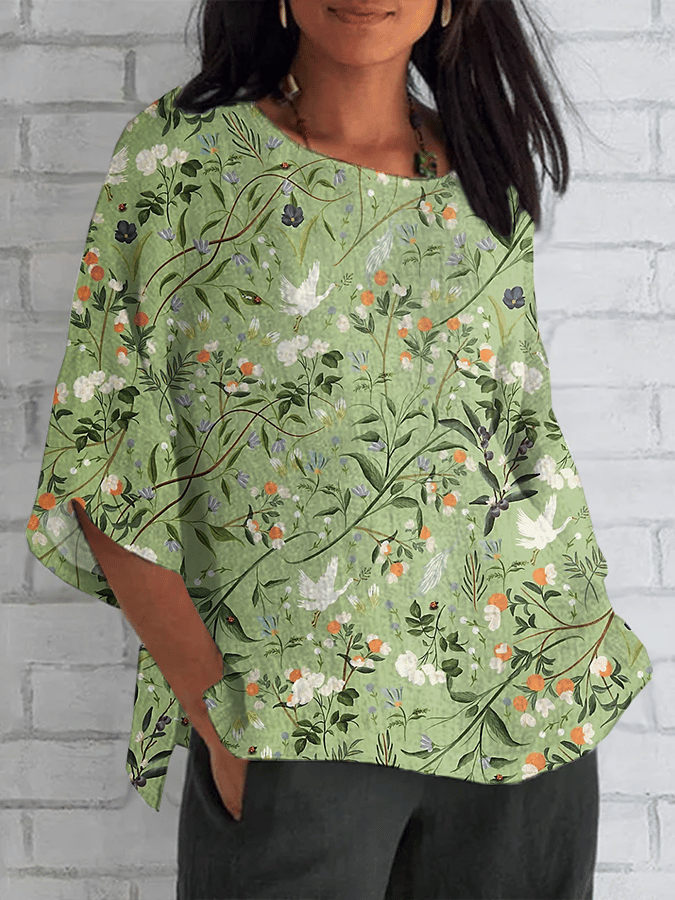 Women's Forest Plant Floral Print Round Neck Casual Cotton and Linen S