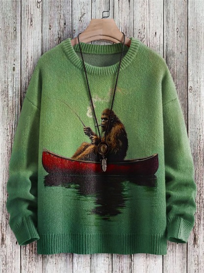 Bigfoot on a Red Canoe Fishing Retro Art Print Casaul Short Sleeve T-shirt