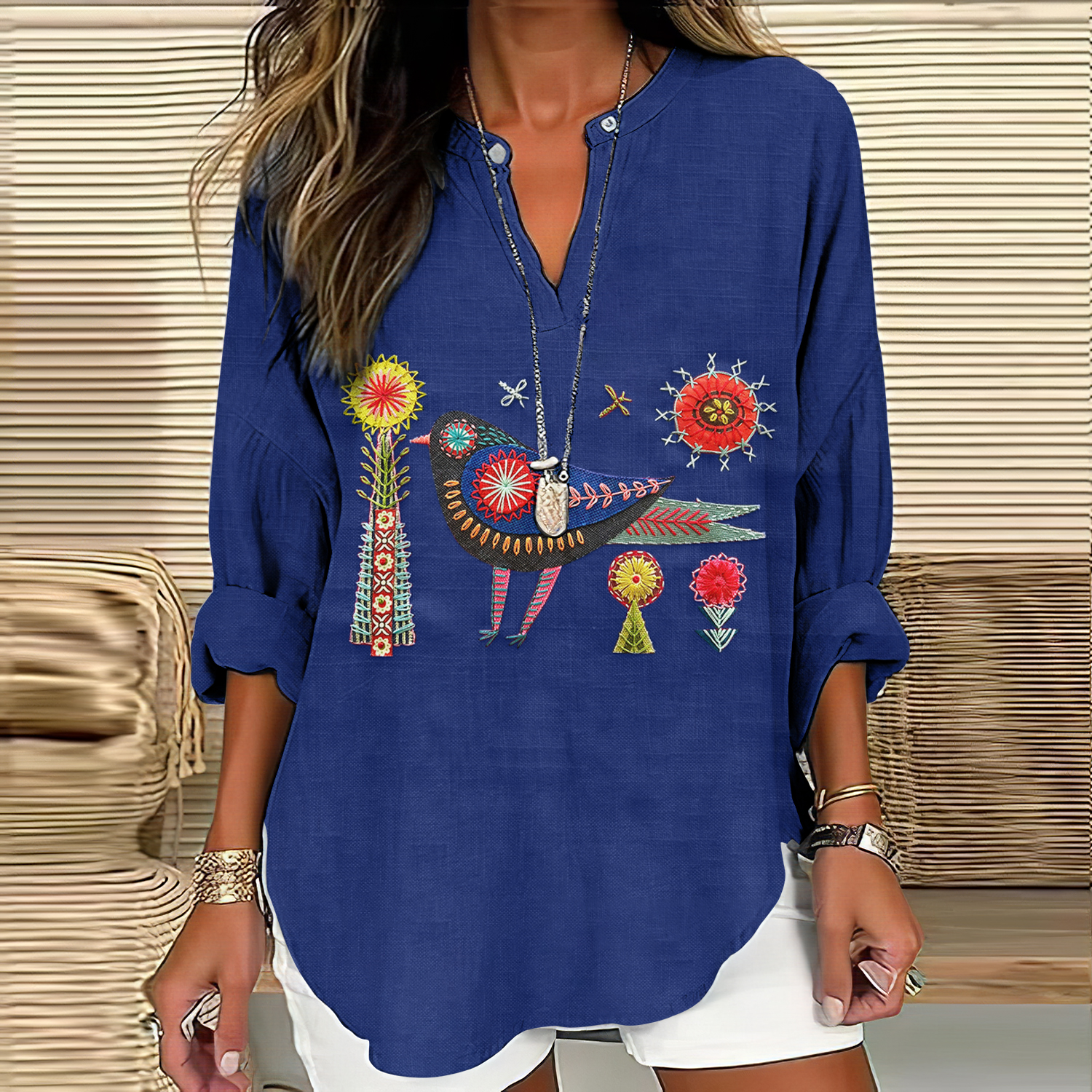 Women's Floral And Bird Embroidery Art Pattern Cotton And Linen V-neck Shirt