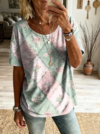 Women's Retro Diamond-Quilt Floral Art Print Casual Crew Neck Short-Sleeve Pure Cotton T-Shirt