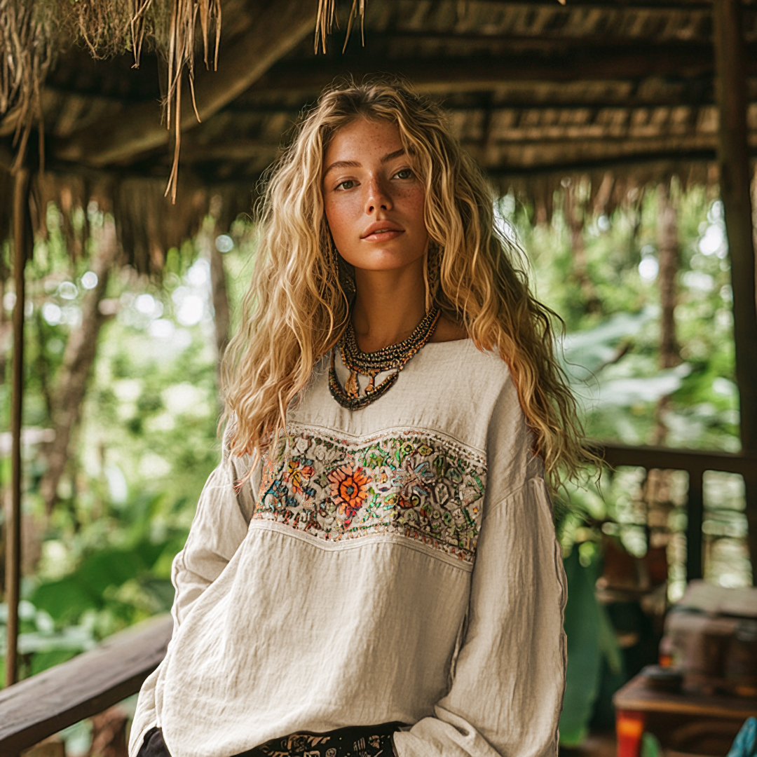 Retro Bohemian Art Print Cotton And Linen Blend Loose Blouse