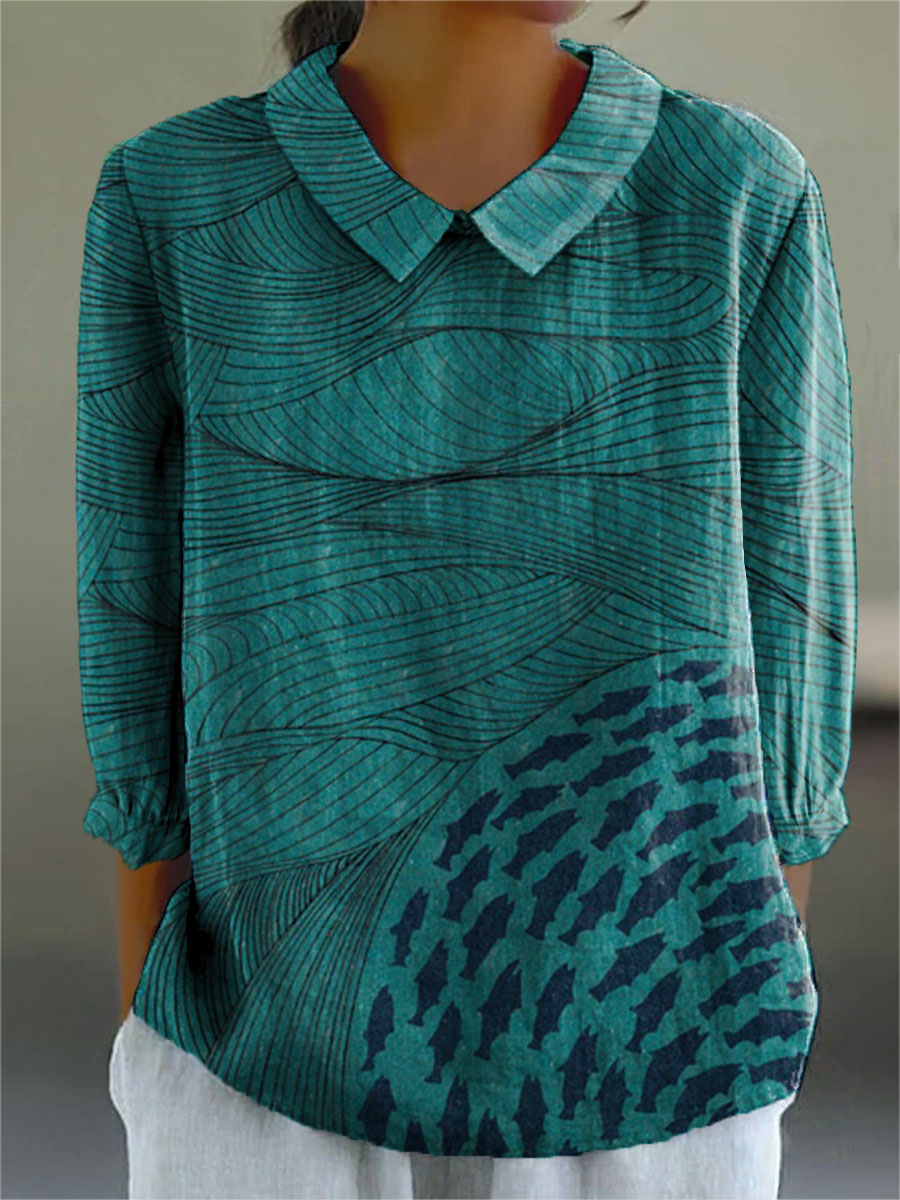 Women's Ocean and Fish Art Print Casual Cotton And Linen 3/4 Sleeve Shirt