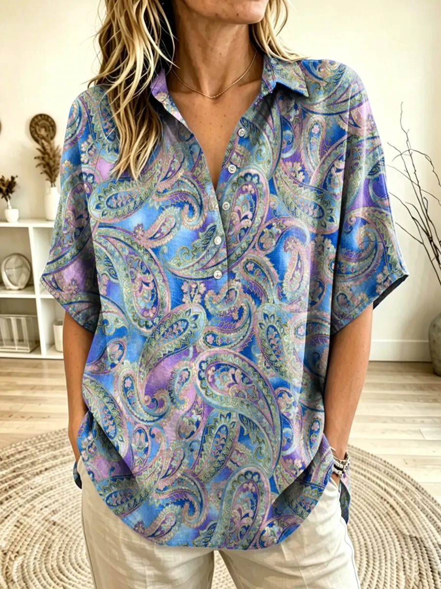 Women's Paisley Print Collared Dolman Sleeve Henley Blouse
