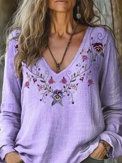 Women's Alzheimer's Floral Printed Cotton And Linen Long Sleeve Top