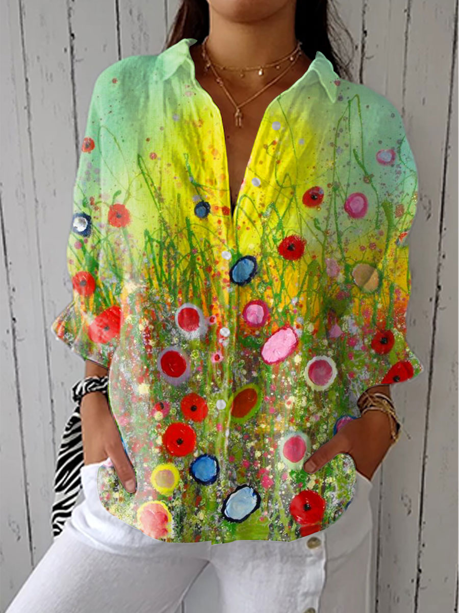 Women's Vintage Gradient Floral Art Print Casual Linen V-neck Shirt