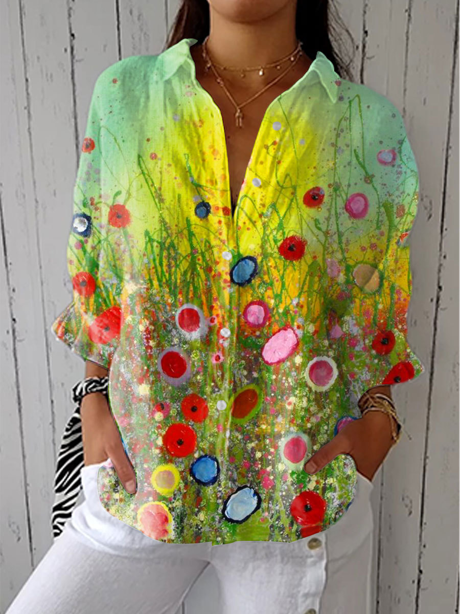 Women's Vintage Gradient Floral Art Print Casual Linen V-neck Shirt