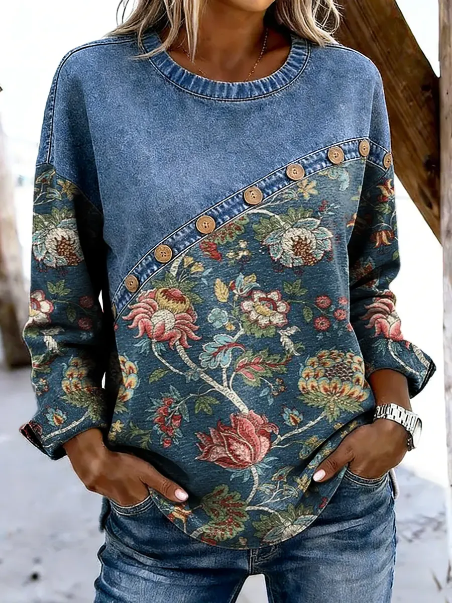 Women's Folk Floral Print Crew Neck Denim Button Patchwork Sweatshirt