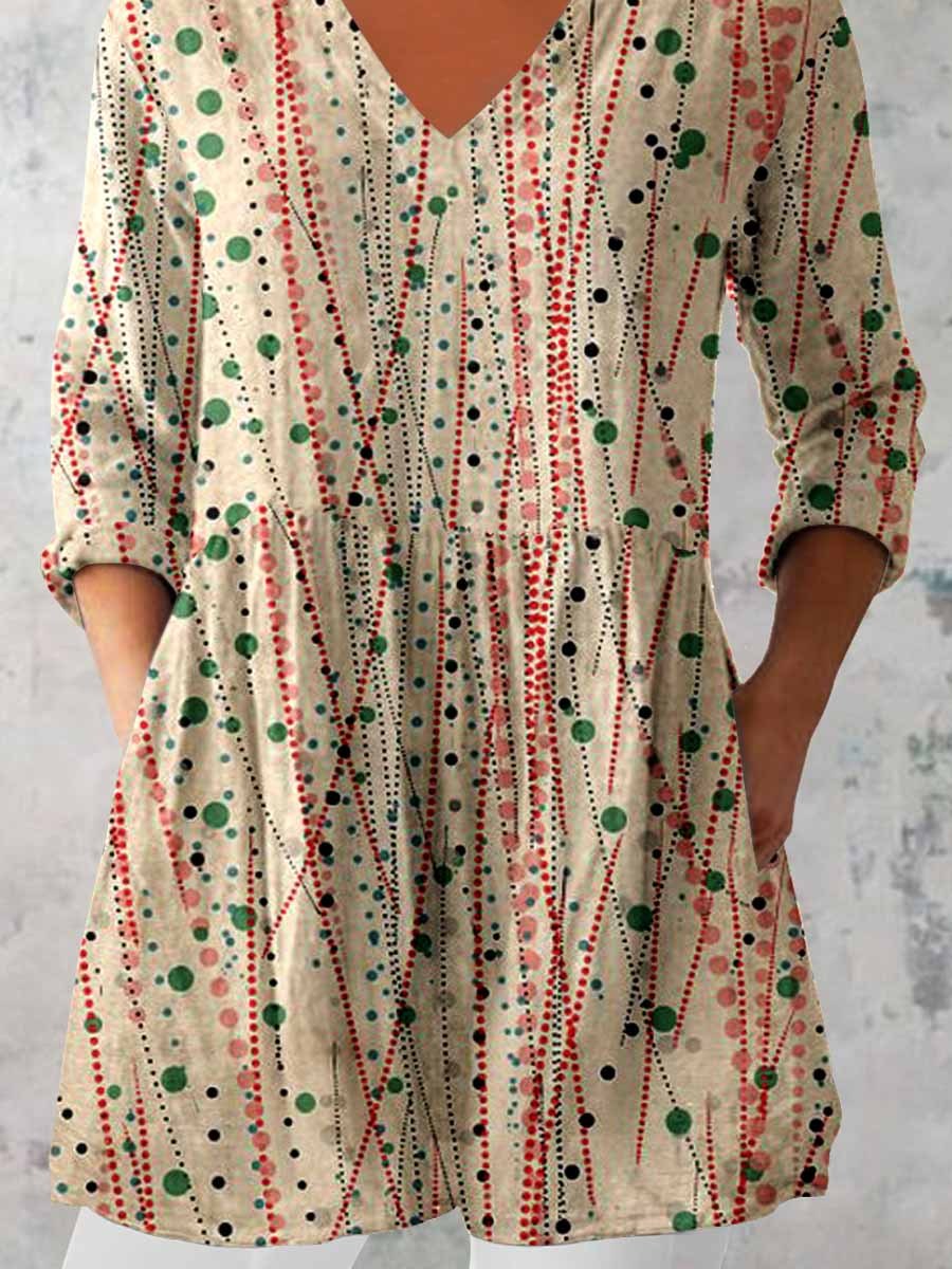 Women's Elegant Polka Dot Round Neck Cotton and Linen Top