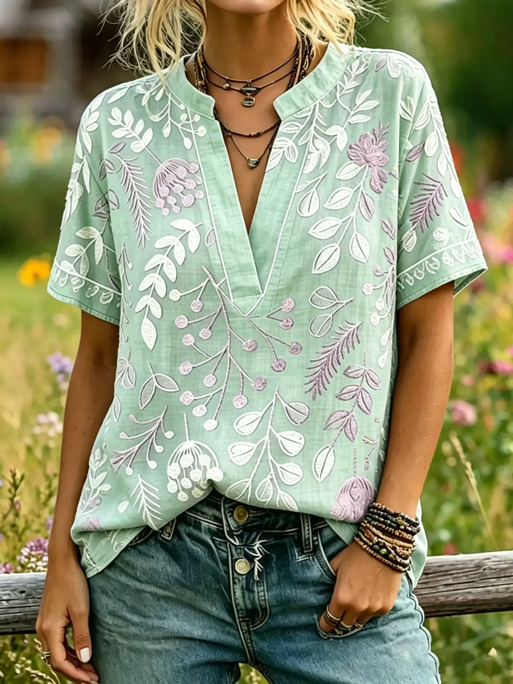 Women's Leaf Floral Print Notch Collar Short Sleeve Top