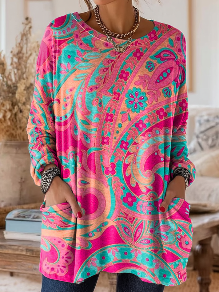 Women's Retro Colorful Bohemian Paisley Art Print Casual Long Sleeve Crew Neck Pocket Cotton T-Shirt